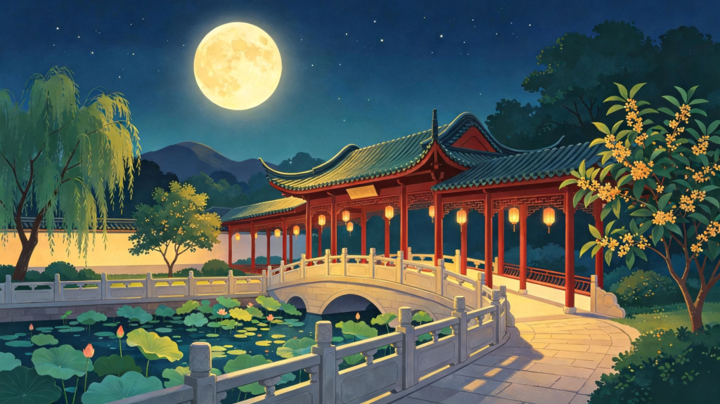 中秋夜公园风景插画绘画