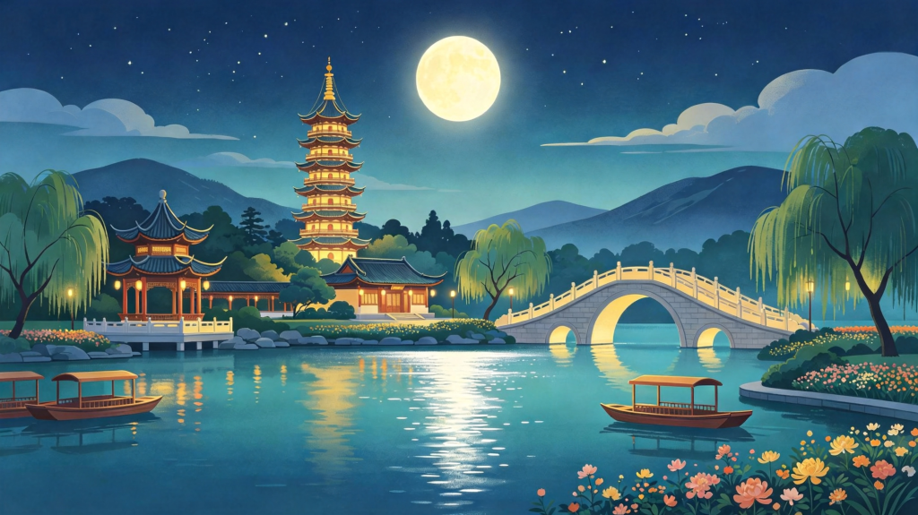 中秋夜公园风景插画绘画