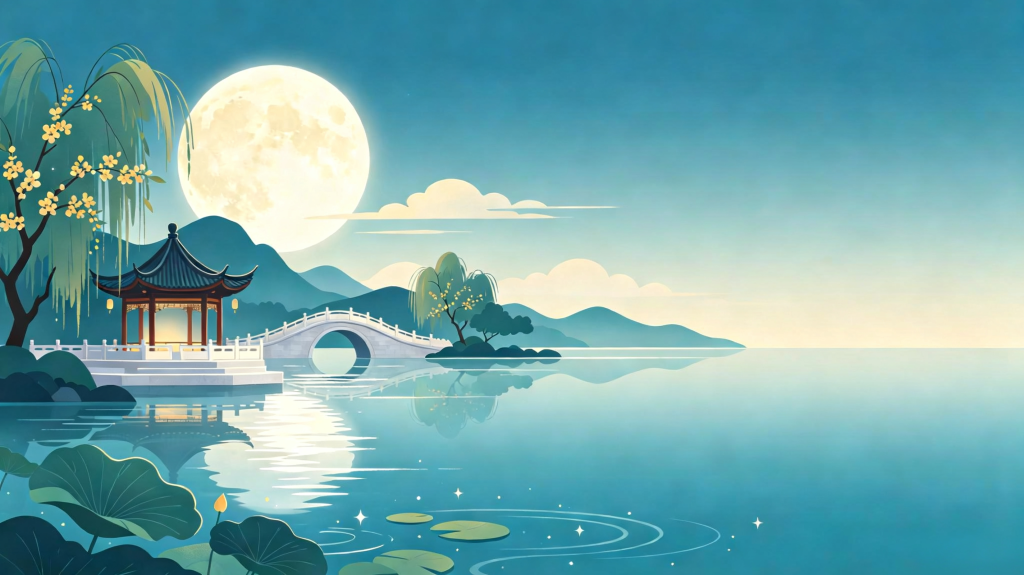 中秋夜公园风景插画绘画