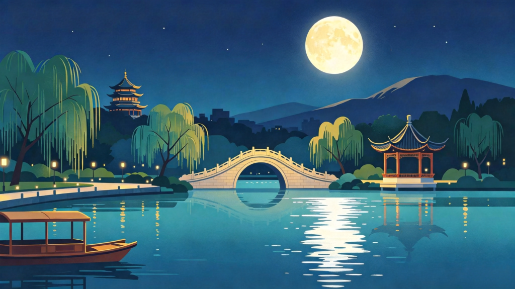 中秋夜公园风景插画绘画