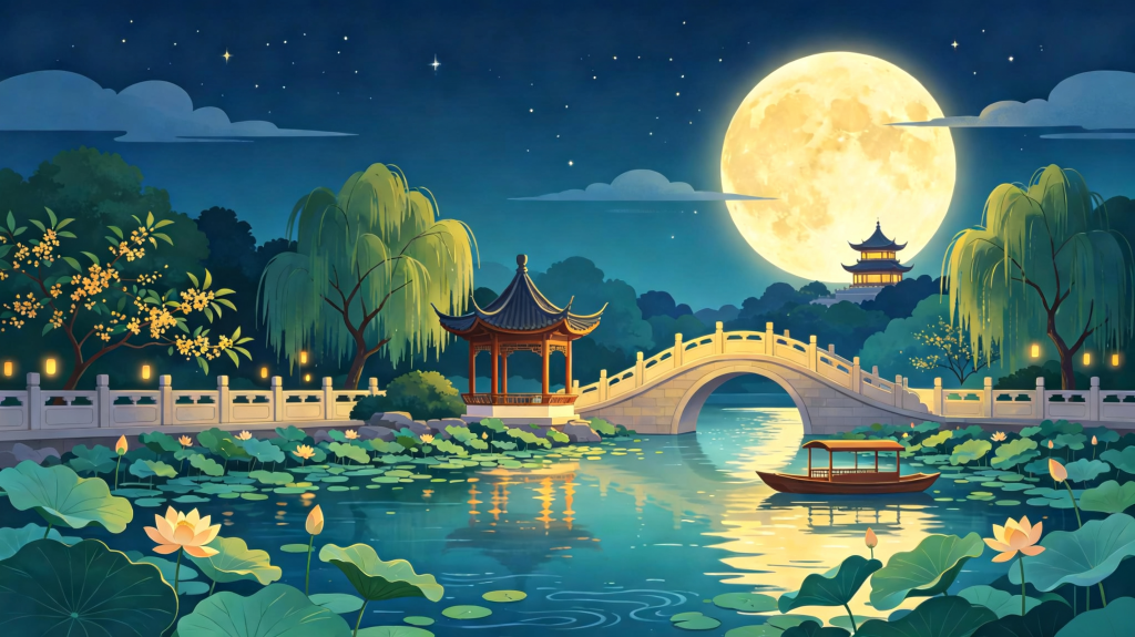 中秋夜公园风景插画绘画
