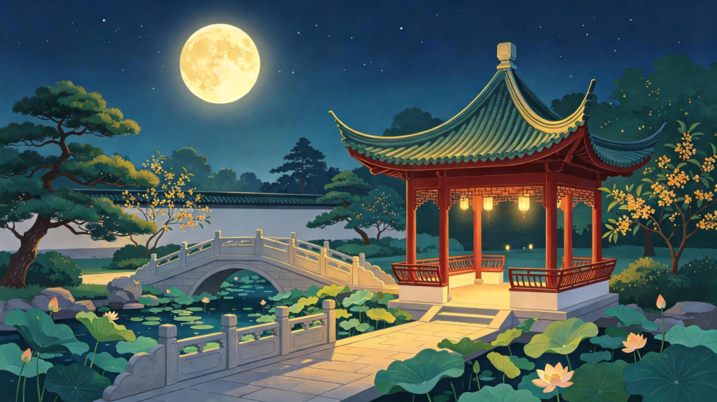 中秋夜公园风景插画绘画