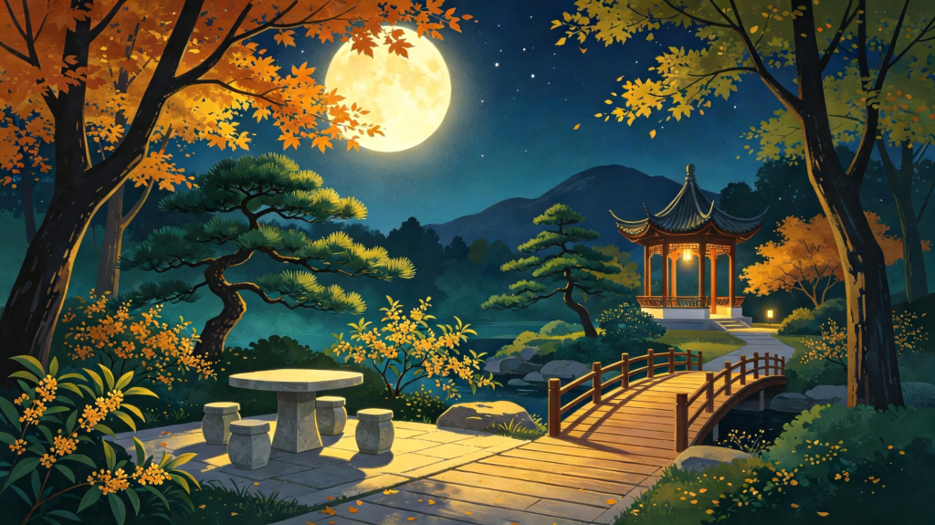 中秋夜公园风景插画绘画