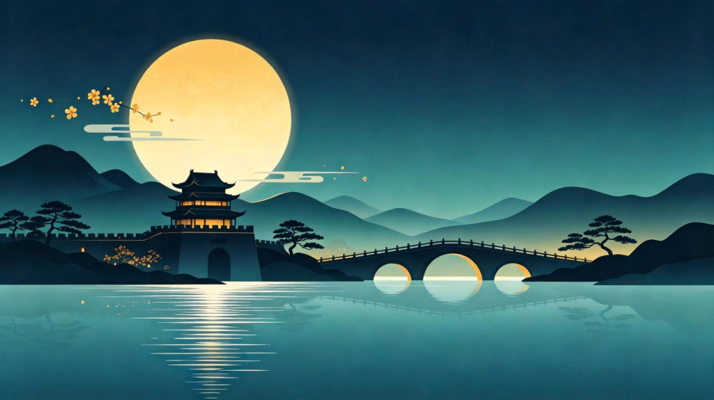 中秋夜公园风景插画绘画