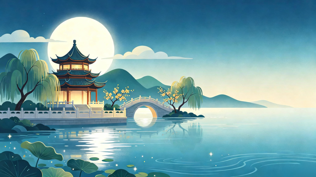 中秋夜公园风景插画绘画