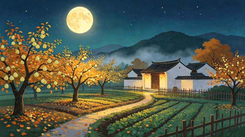 中秋夜田园风景扁平插画绘画