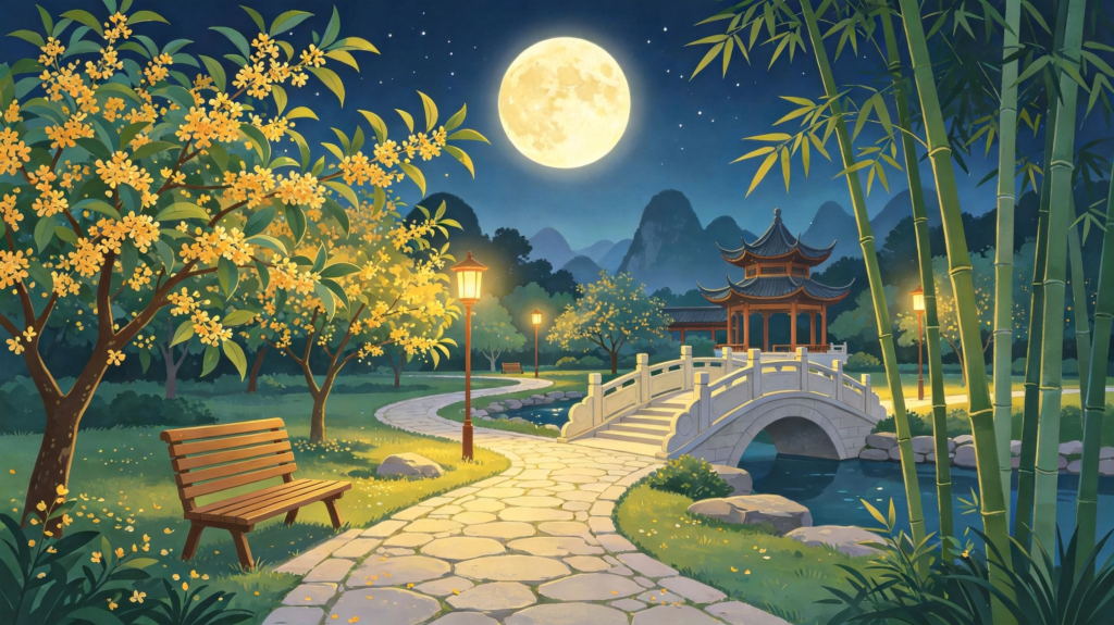 中秋夜公园风景插画绘画