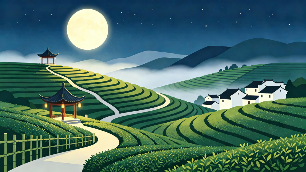 中秋夜田园风景扁平插画绘画