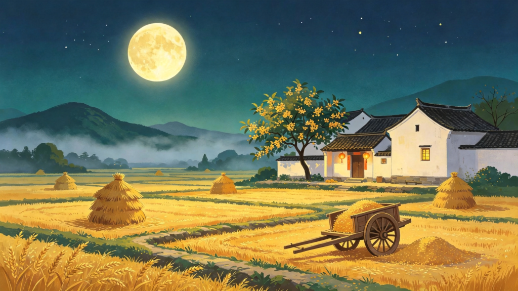 中秋夜田园风景扁平插画绘画