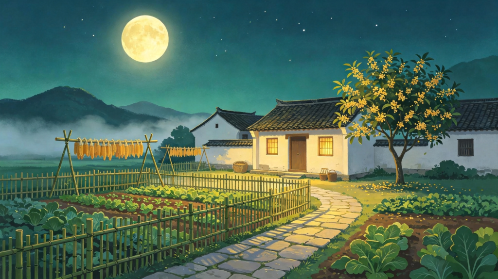 中秋夜田园风景扁平插画绘画