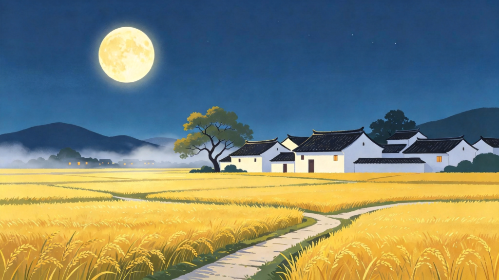 中秋夜田园风景扁平插画绘画