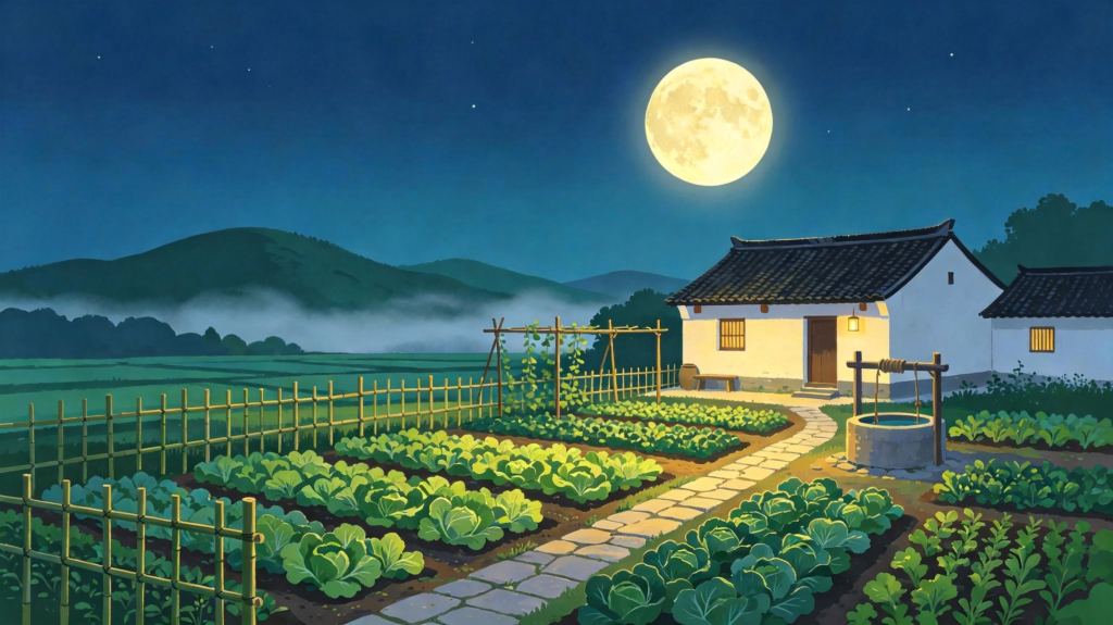 中秋夜田园风景扁平插画绘画