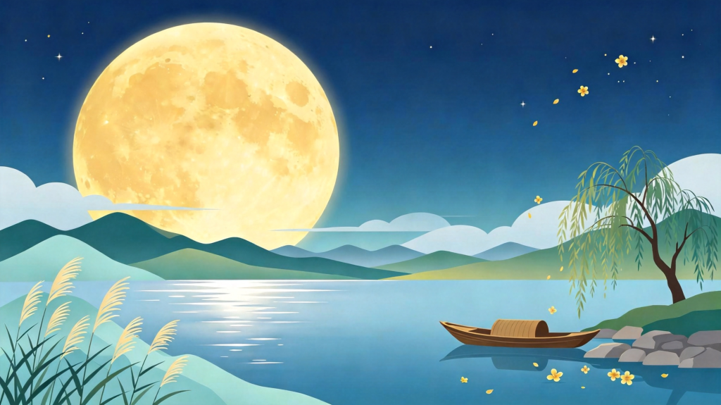 中秋夜山水风景插画绘画