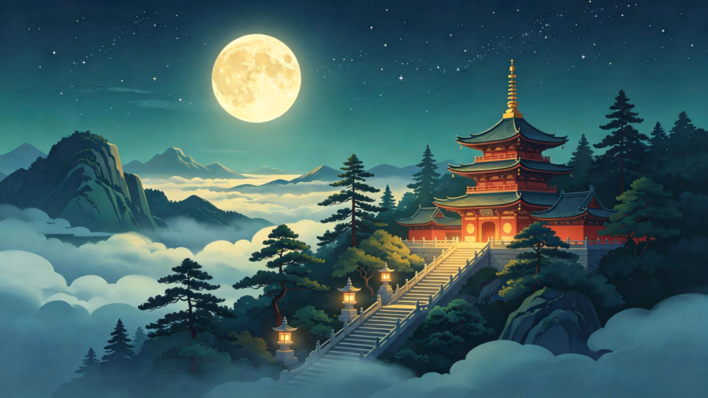 中秋夜山水风景插画绘画
