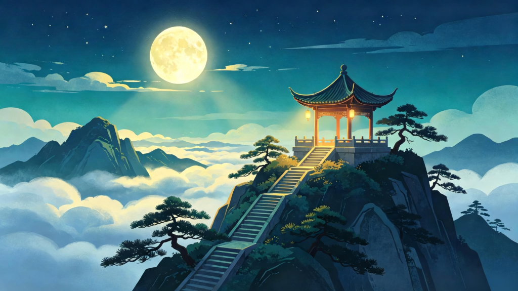 中秋夜山水风景插画绘画