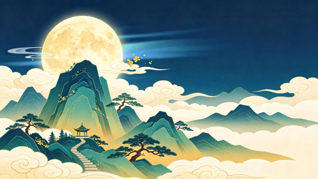 中秋夜山水风景插画绘画
