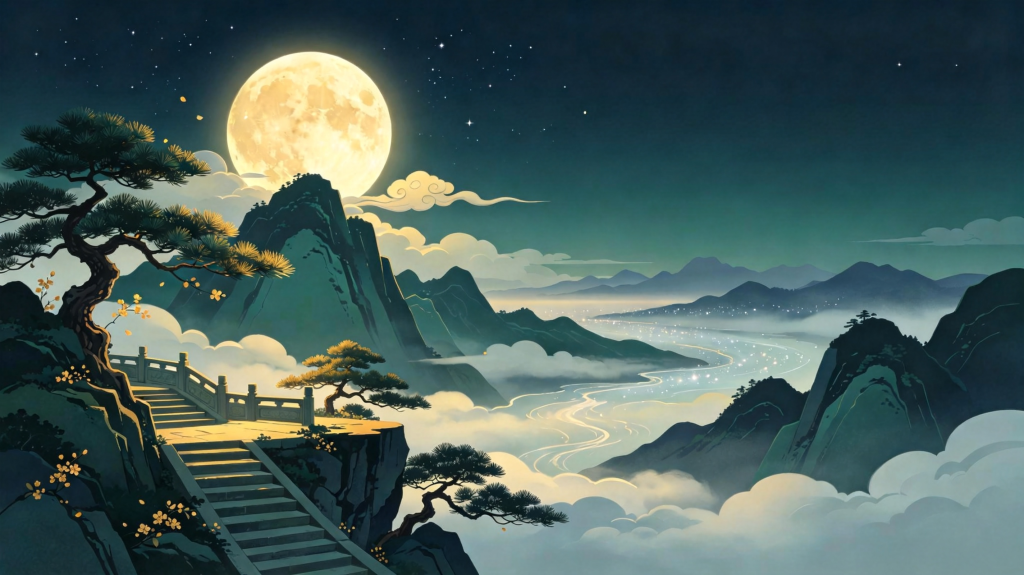 中秋夜山水风景插画绘画