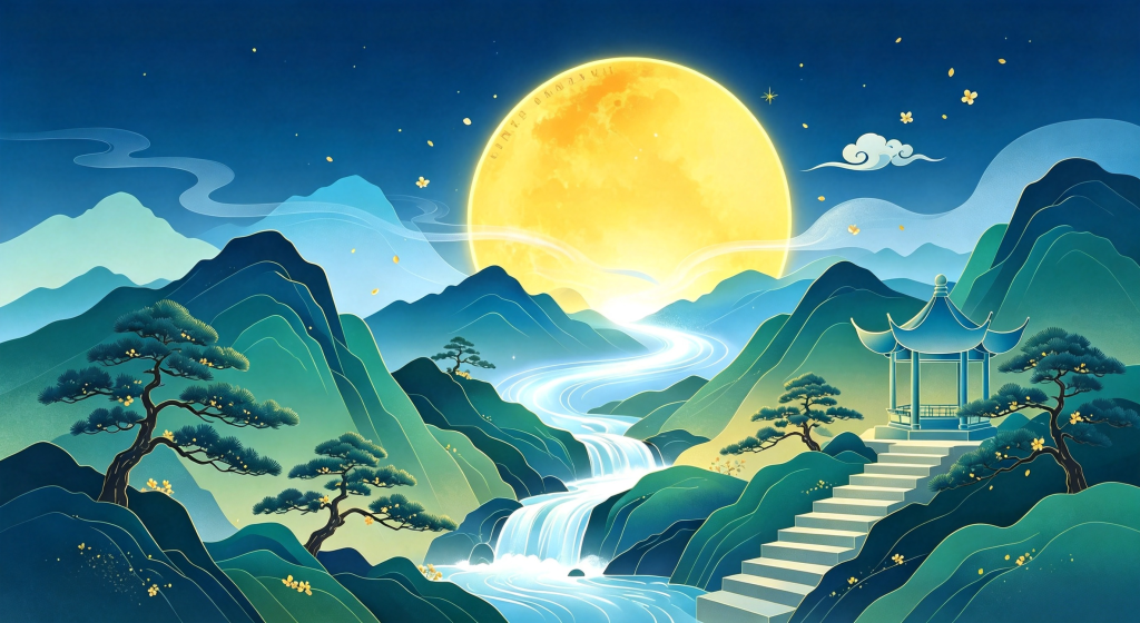 中秋夜山水风景插画绘画