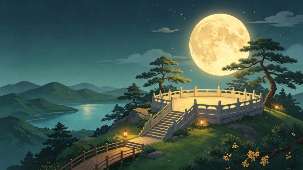 中秋夜山水风景插画绘画