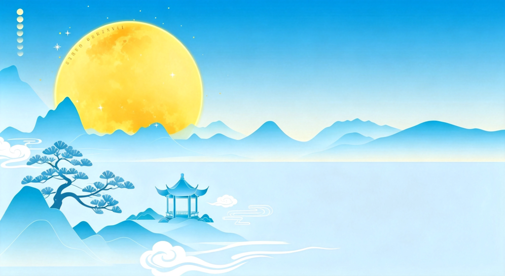 中秋夜山水风景插画绘画
