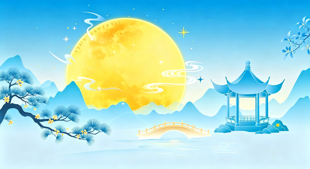 中秋夜山水风景插画绘画