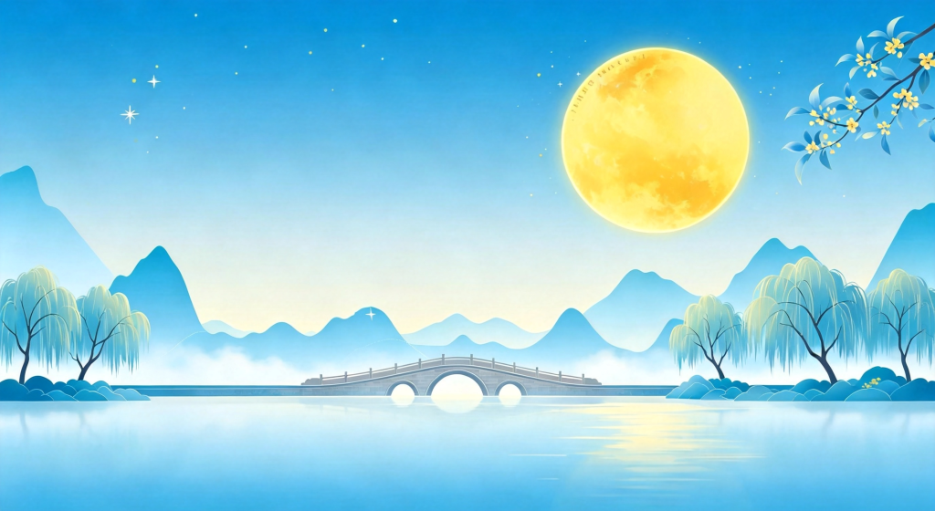 中秋夜山水风景插画绘画