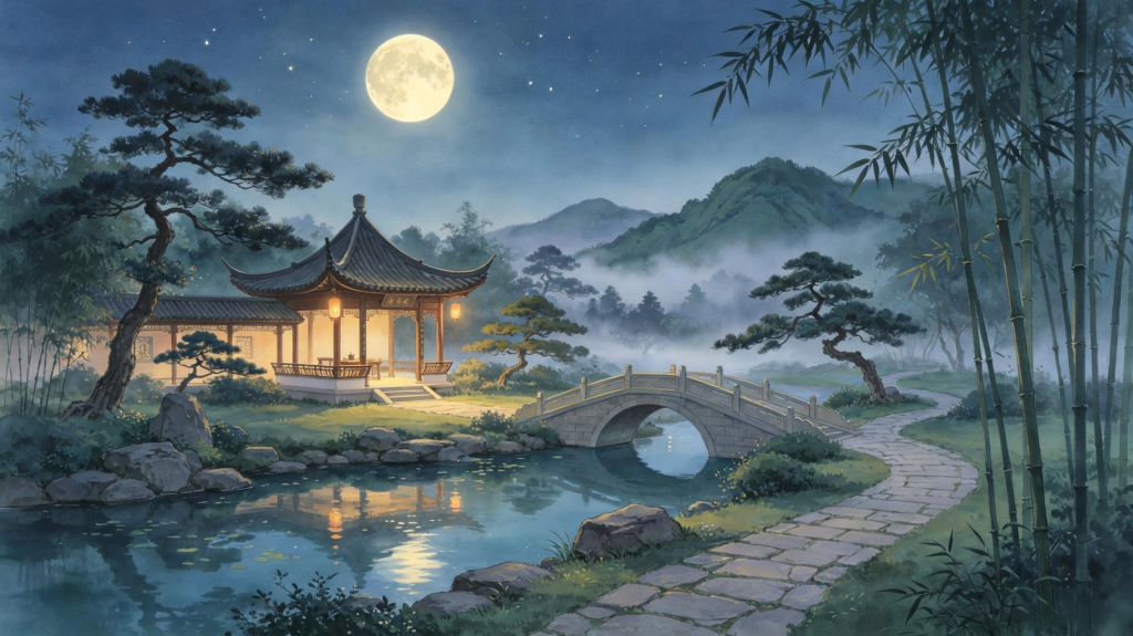 中秋夜江南风光插画绘画