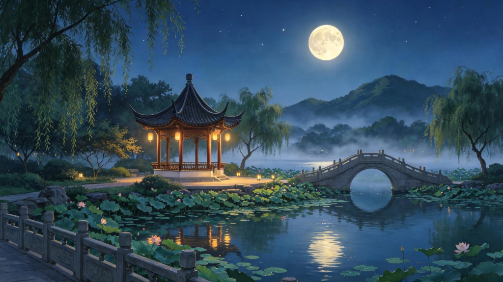 中秋夜江南风光插画绘画