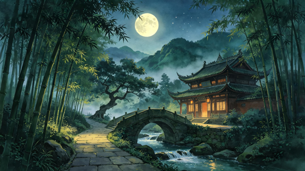 中秋夜江南风光插画绘画