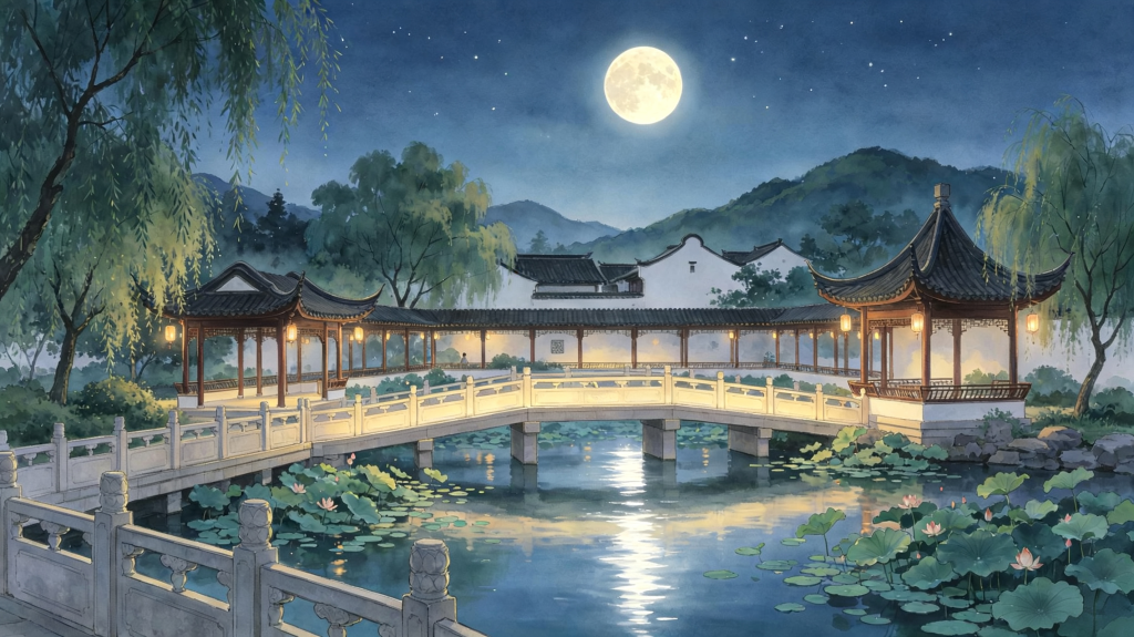 中秋夜江南风光插画绘画
