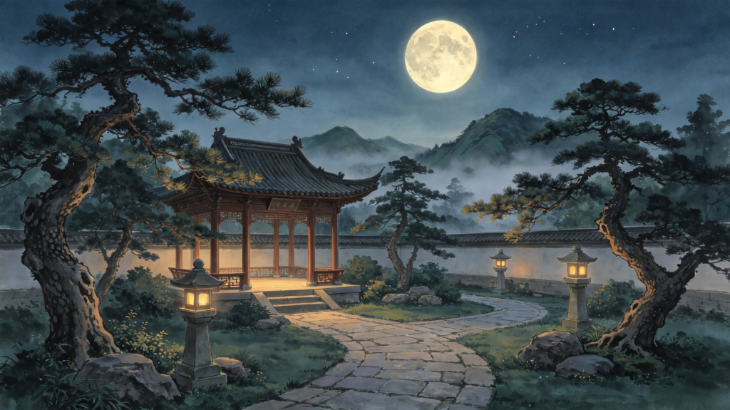 中秋夜江南风光插画绘画