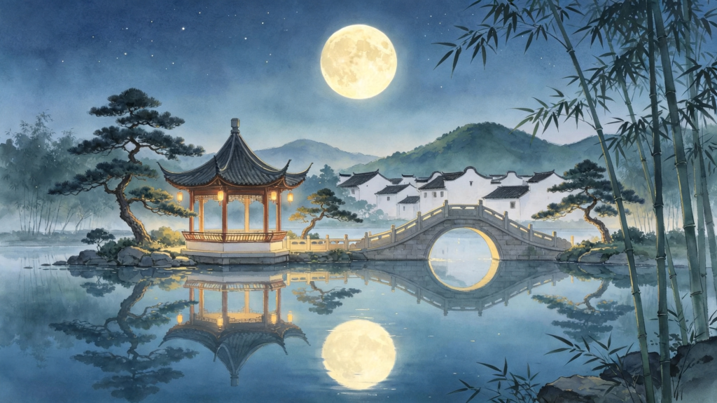 中秋夜江南风光插画绘画