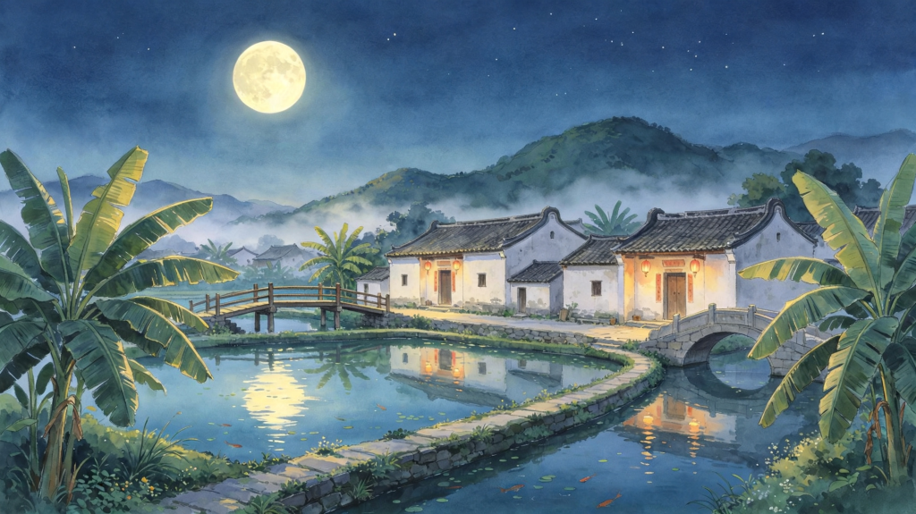 中秋夜江南风光插画绘画