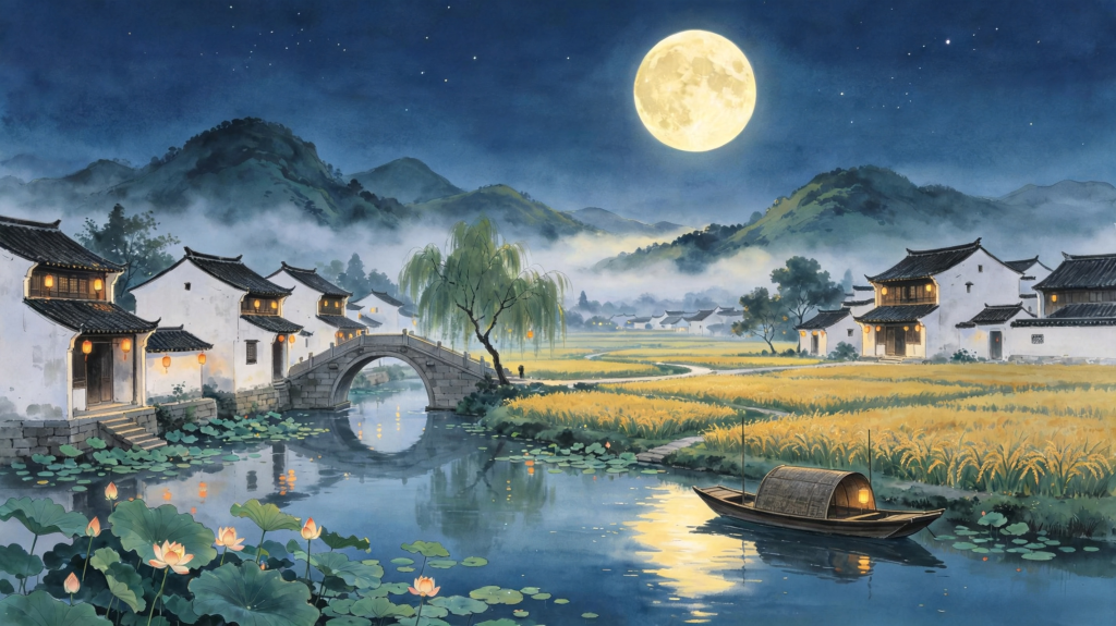 中秋夜江南风光插画绘画