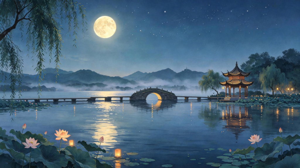 中秋夜江南风光插画绘画