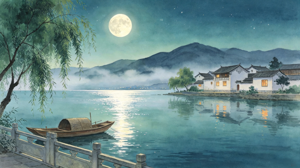 中秋夜江南风光插画绘画