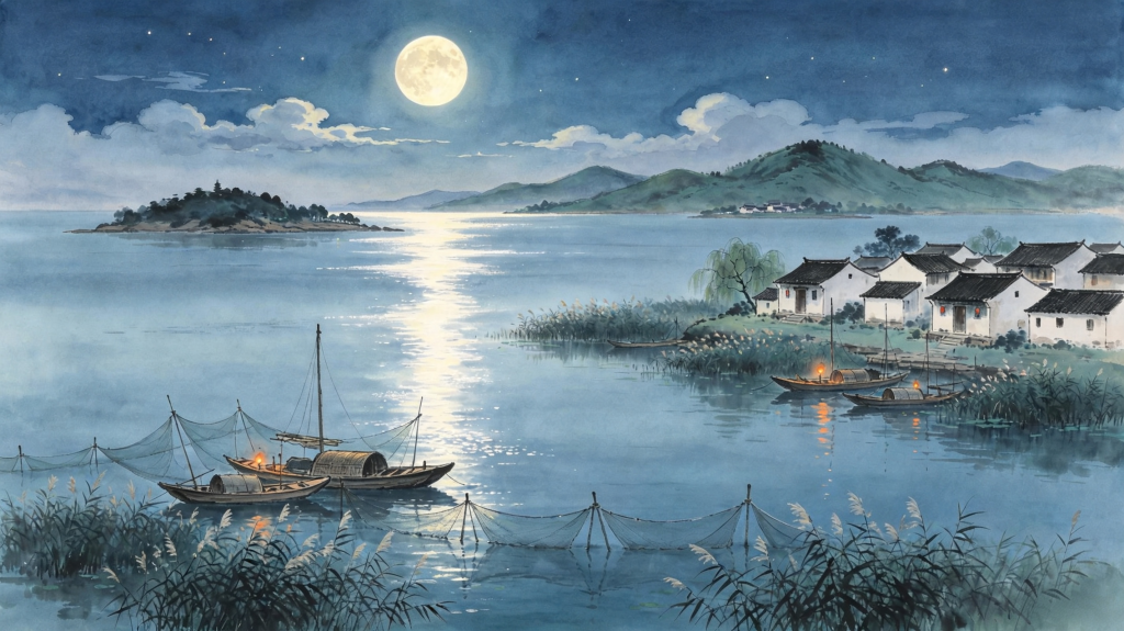 中秋夜江南风光插画绘画