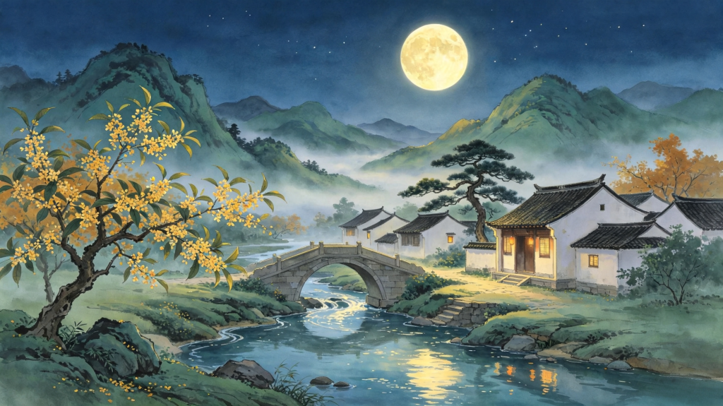 中秋夜江南风光插画绘画