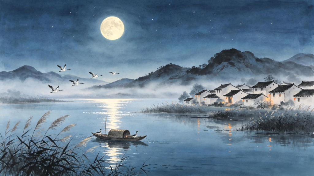 中秋夜田园风光插画绘画