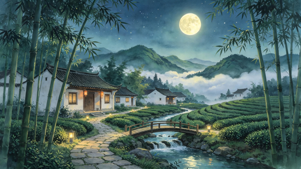中秋夜田园风光插画绘画