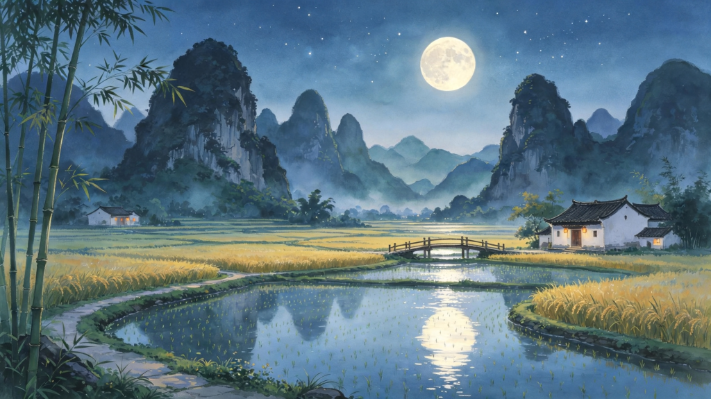 中秋夜桂林山水田园风光插画绘画