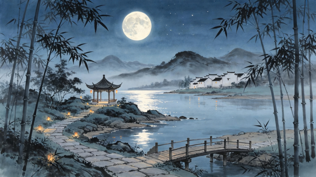 中秋夜山水风景插画绘画