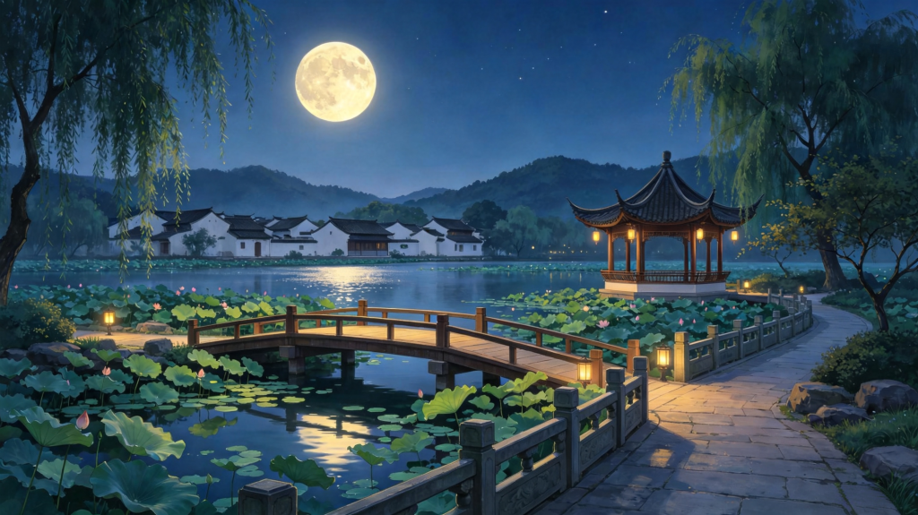 中秋夜田园风光插画绘画