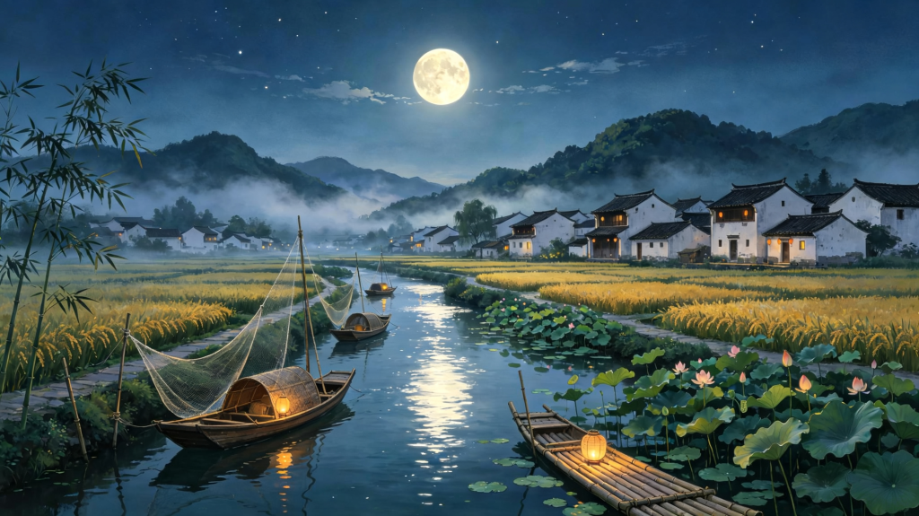 中秋夜田园风光插画绘画