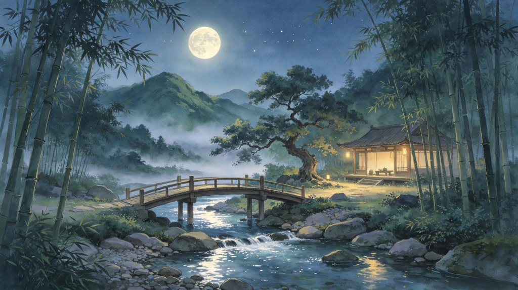 中秋夜田园风光插画绘画