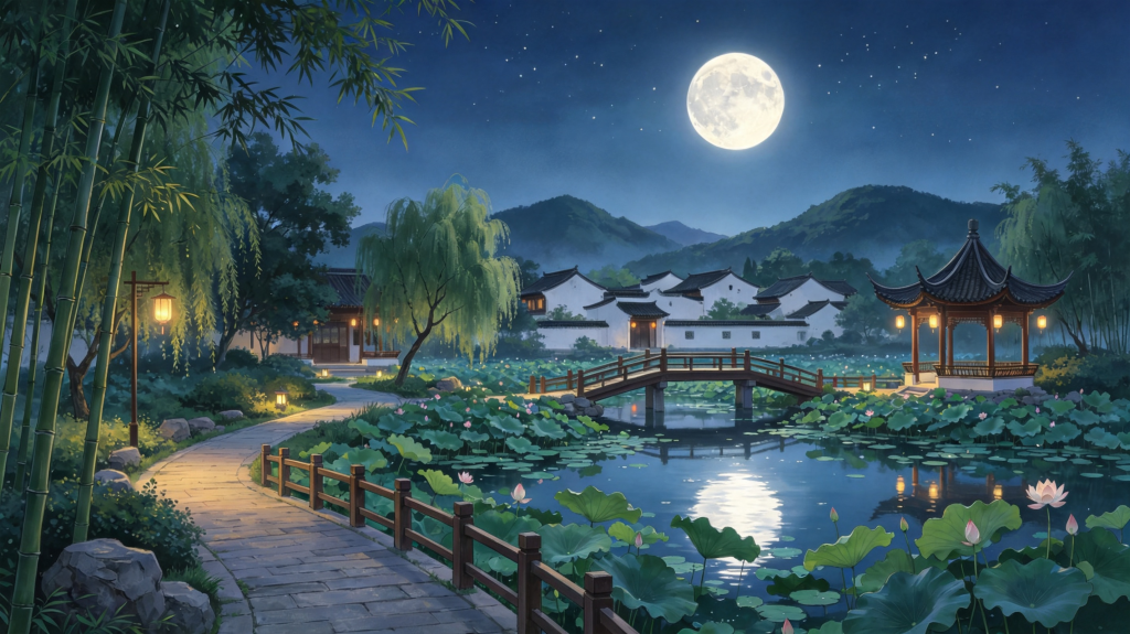 中秋夜田园风光插画绘画