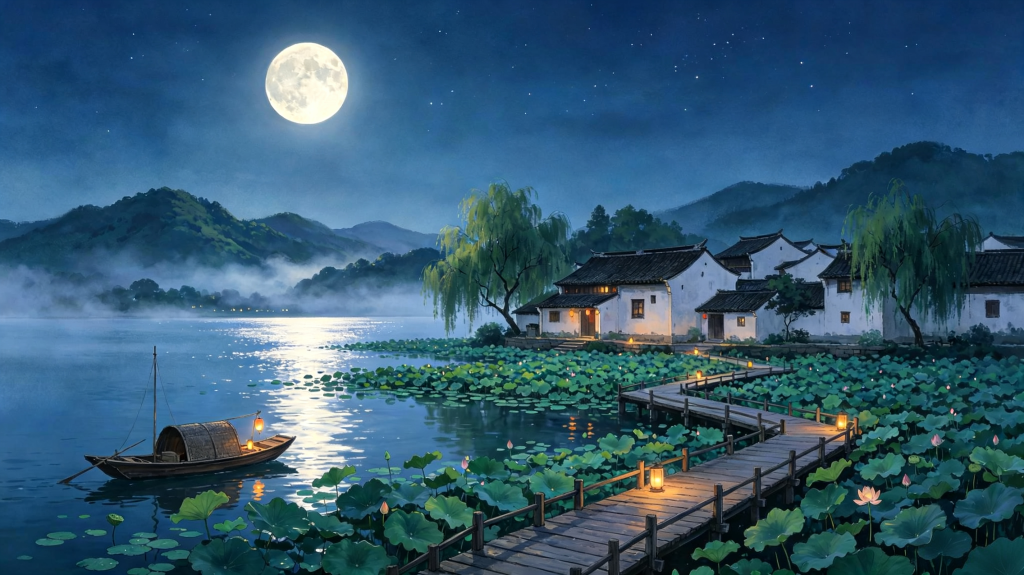 中秋夜田园风光插画绘画
