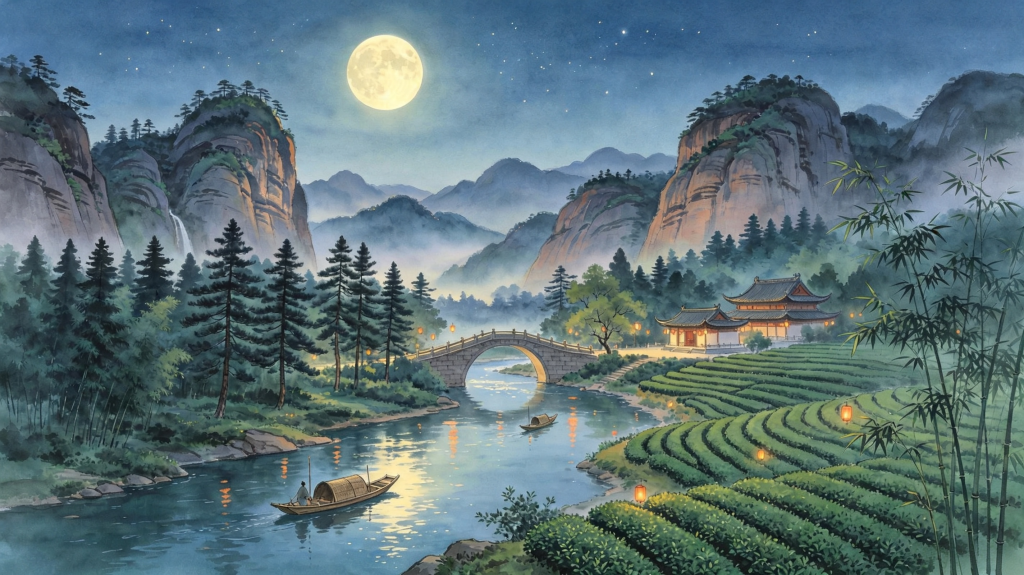 中秋夜田园风光插画绘画