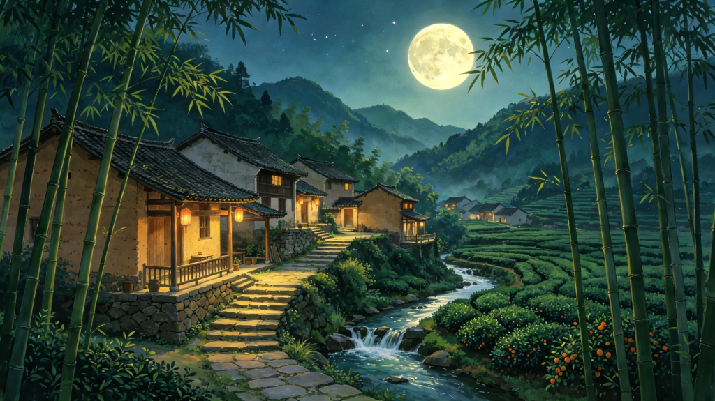 中秋夜田园风光插画绘画