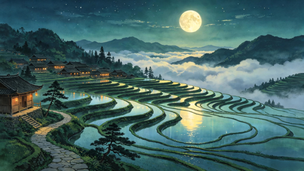 中秋夜田园梯田风光插画绘画